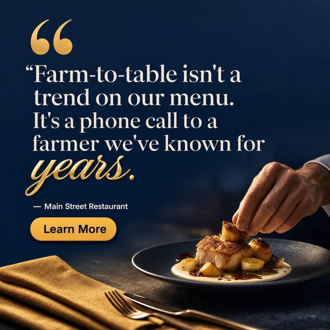 Restaurant / Food Service social media post example generated with Draftovo — Farm-to-table isn't a trend on our menu. It's a phone call to a farmer we've known for years.