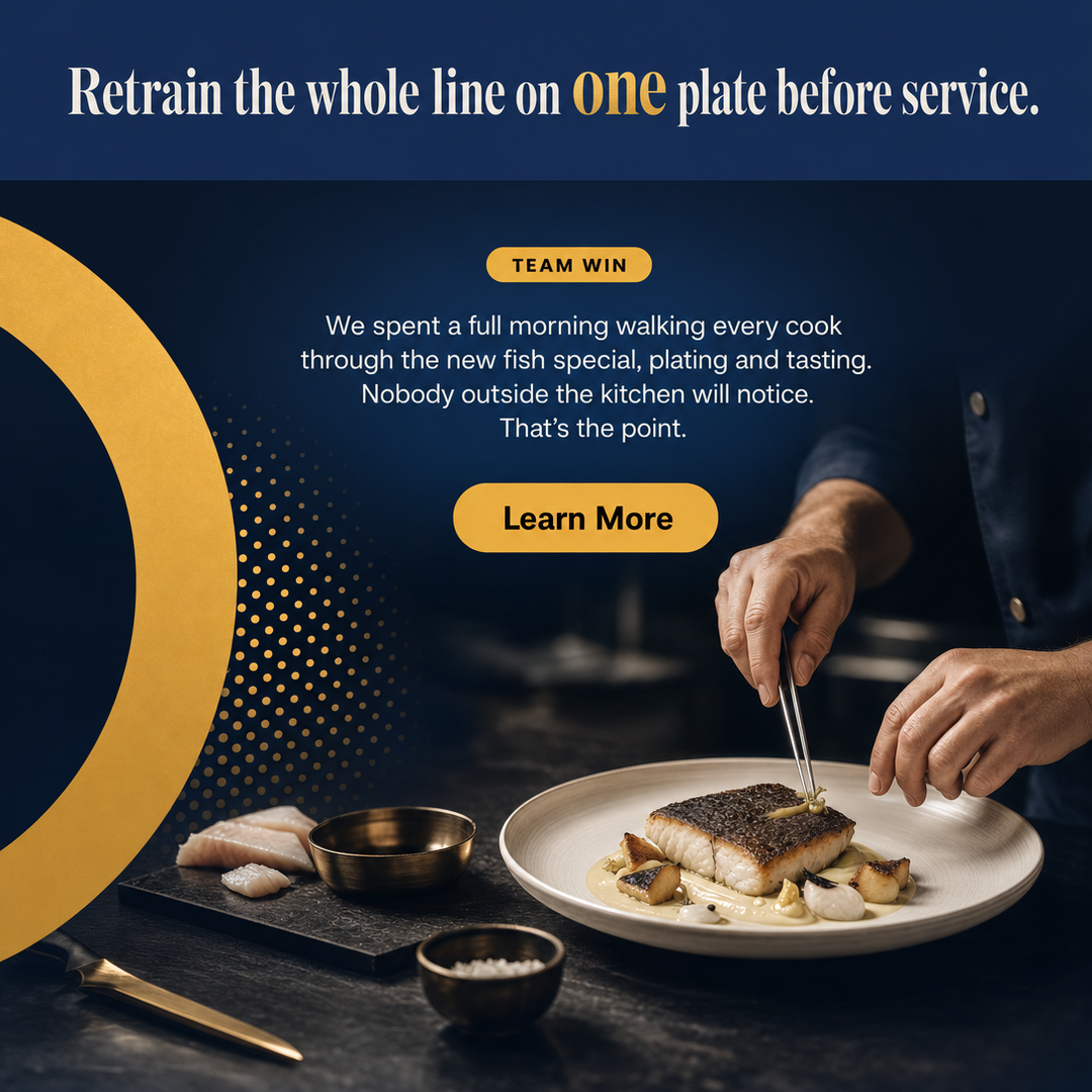 Restaurant / Food Service social media post example generated with Draftovo — Retrain the whole line on one plate before service.