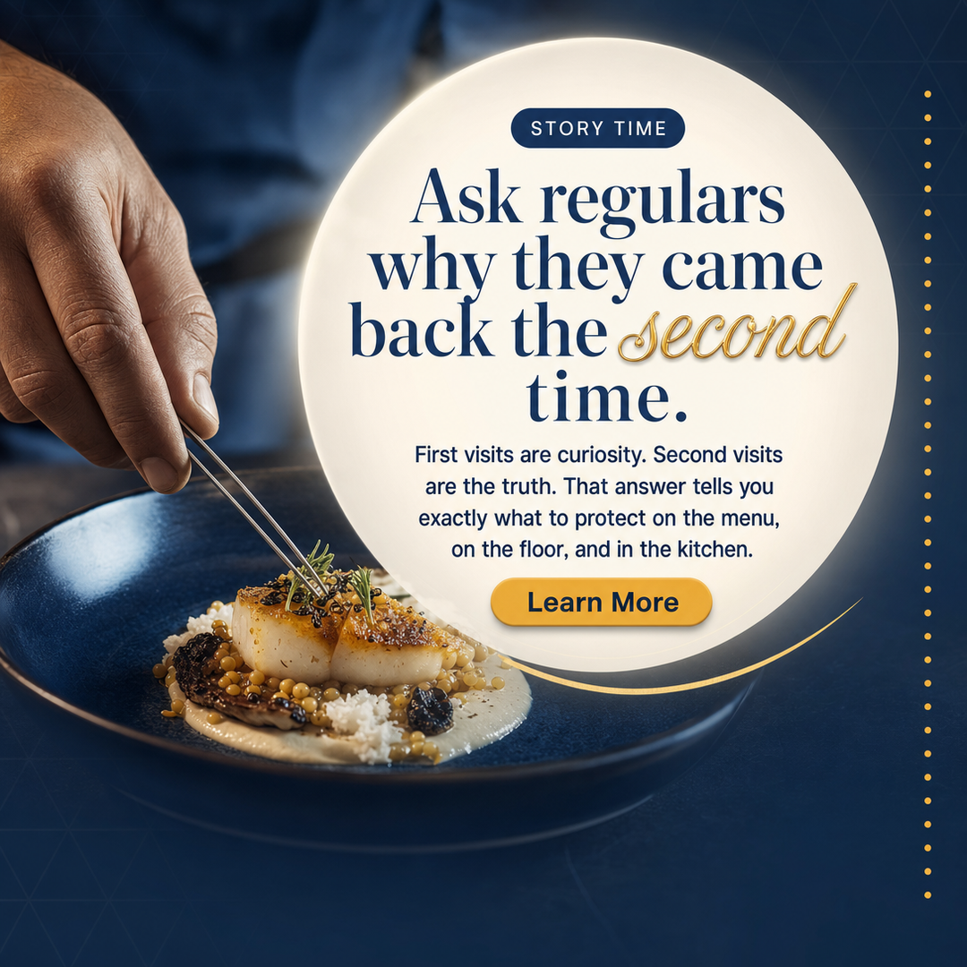 Restaurant / Food Service social media post example generated with Draftovo — Ask regulars why they came back the second time.