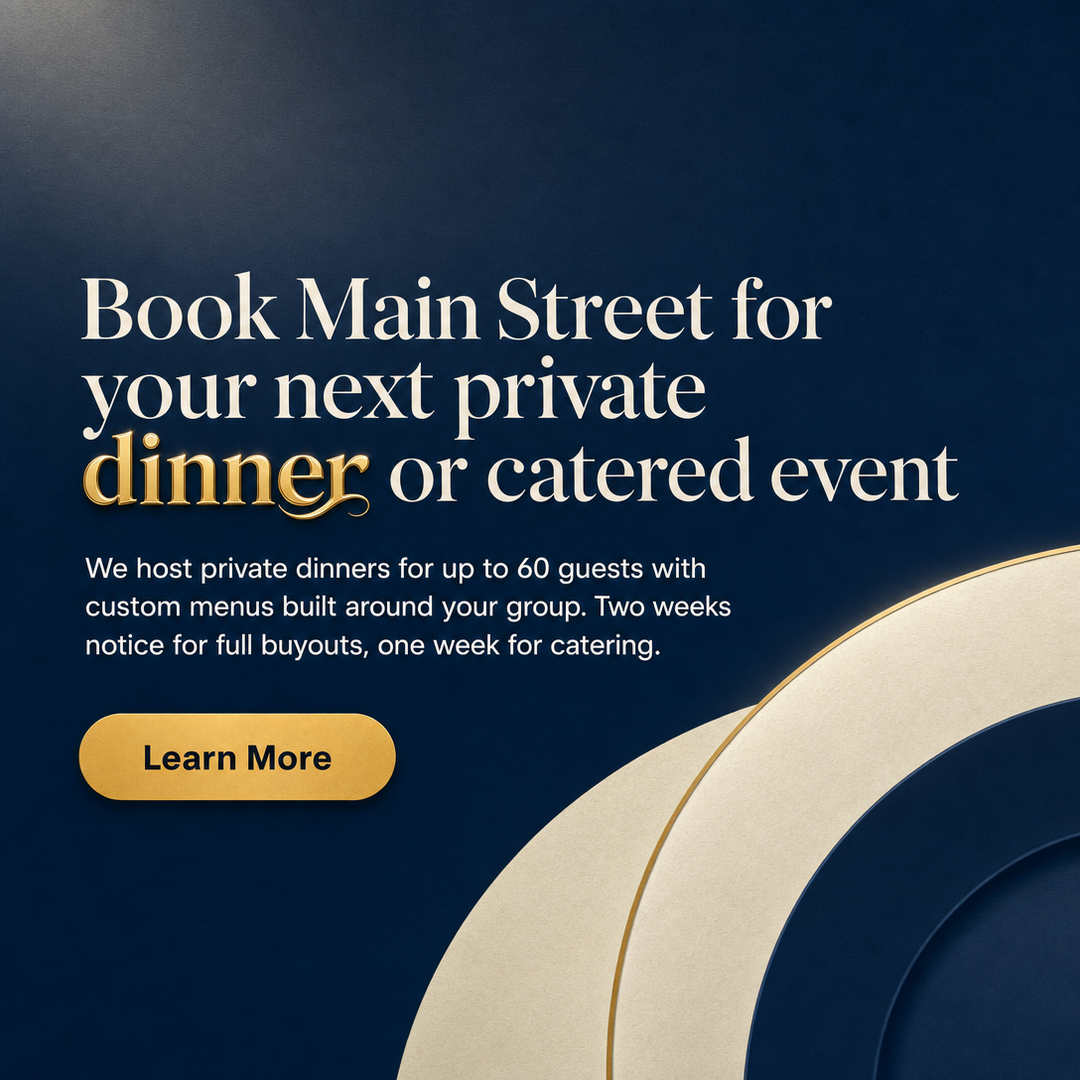 Restaurant / Food Service social media post example generated with Draftovo — Book Main Street for your next private dinner or catered event