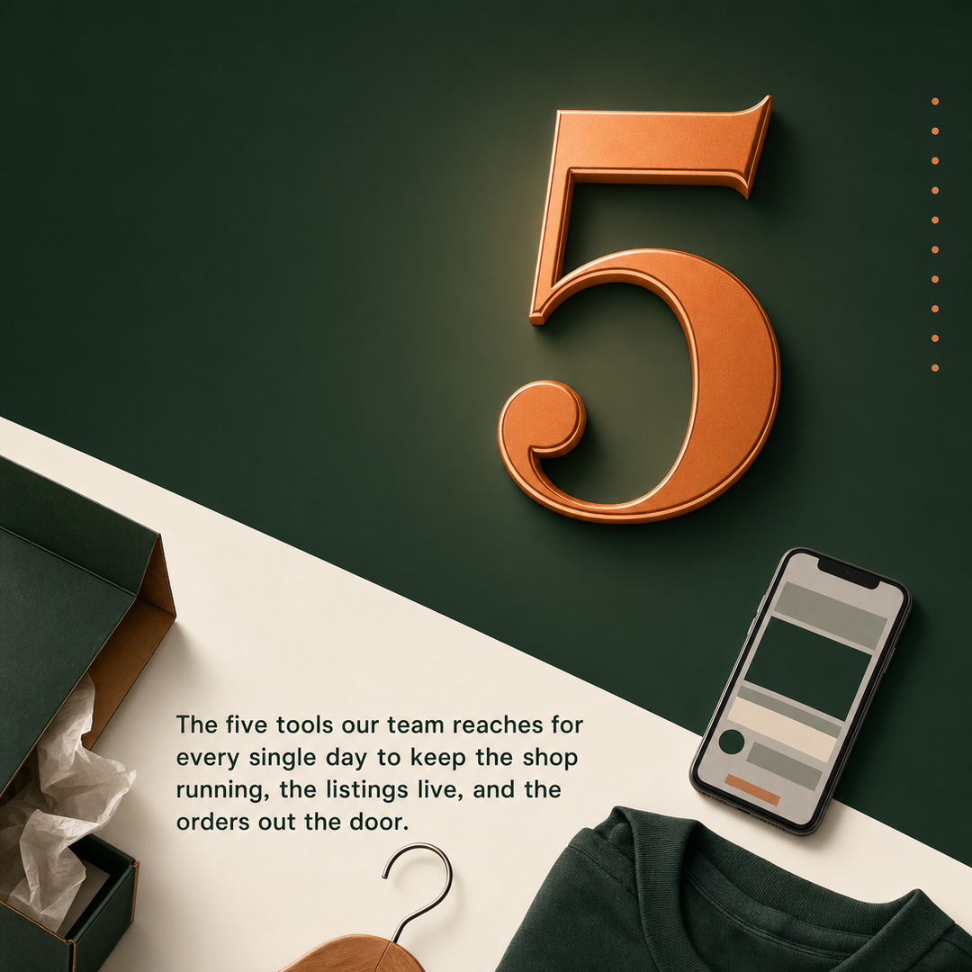 Retail / E-commerce social media post example generated with Draftovo — The five tools our team reaches for every single day to keep the shop running, the listings live, and the orders out the door.