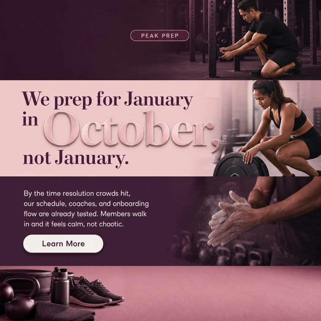 Fitness / Gym social media post example generated with Draftovo — We prep for January in October, not January.