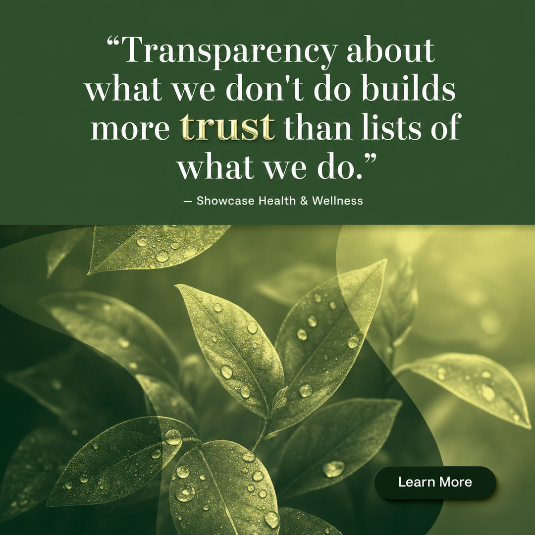 Health & Wellness social media post example generated with Draftovo — Transparency about what we don't do builds more trust than lists of what we do.