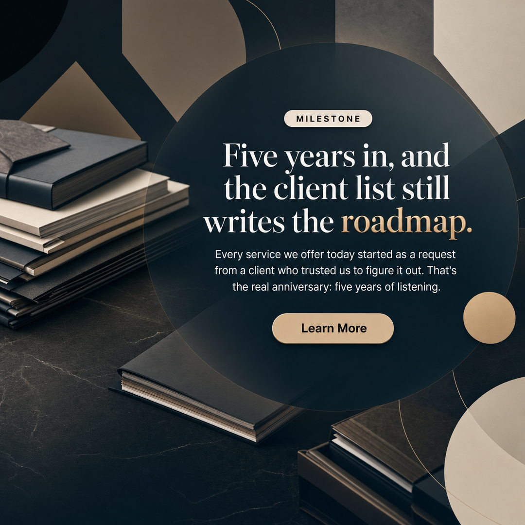 Professional Services social media post example generated with Draftovo — Five years in, and the client list still writes the roadmap.