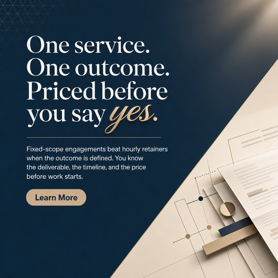 Professional Services social media post example generated with Draftovo — One service. One outcome. Priced before you say yes.