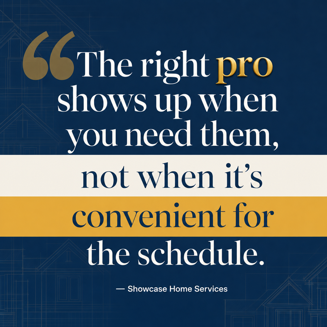 Home Services social media post example generated with Draftovo — The right pro shows up when you need them, not when it's convenient for the schedule.