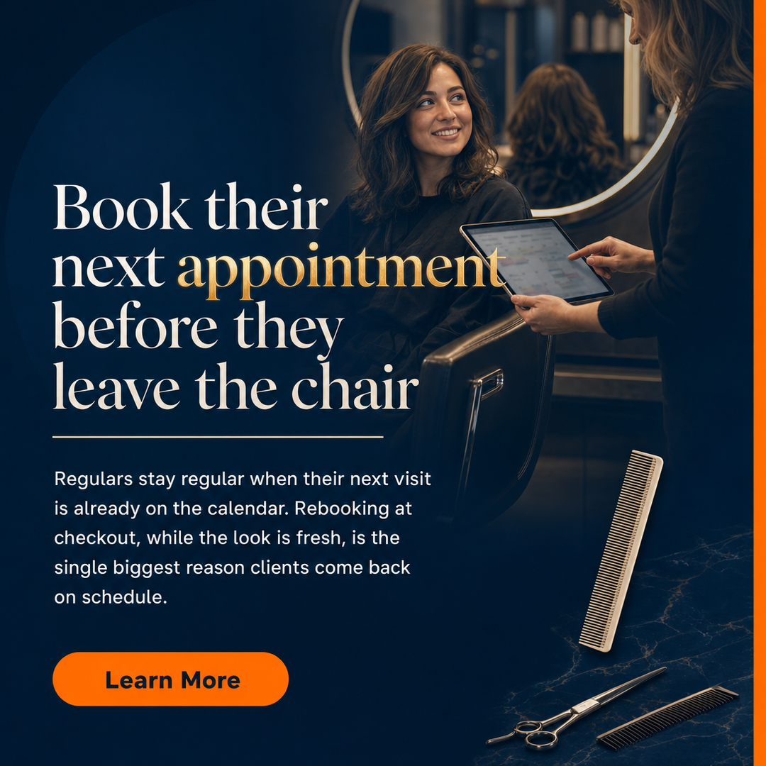 Beauty / Salon social media post example generated with Draftovo — Book their next appointment before they leave the chair