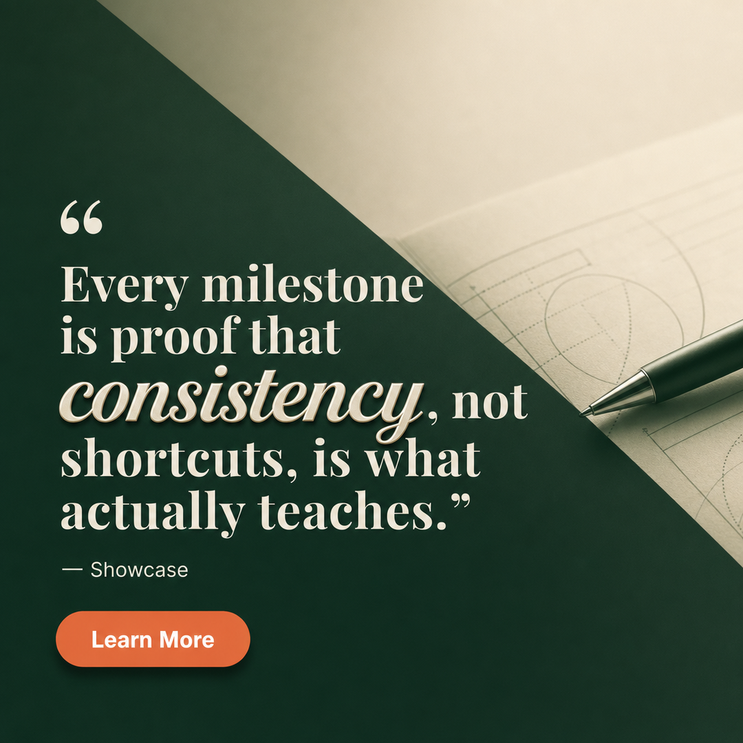 Education / Coaching social media post example generated with Draftovo — Every milestone is proof that consistency, not shortcuts, is what actually teaches.