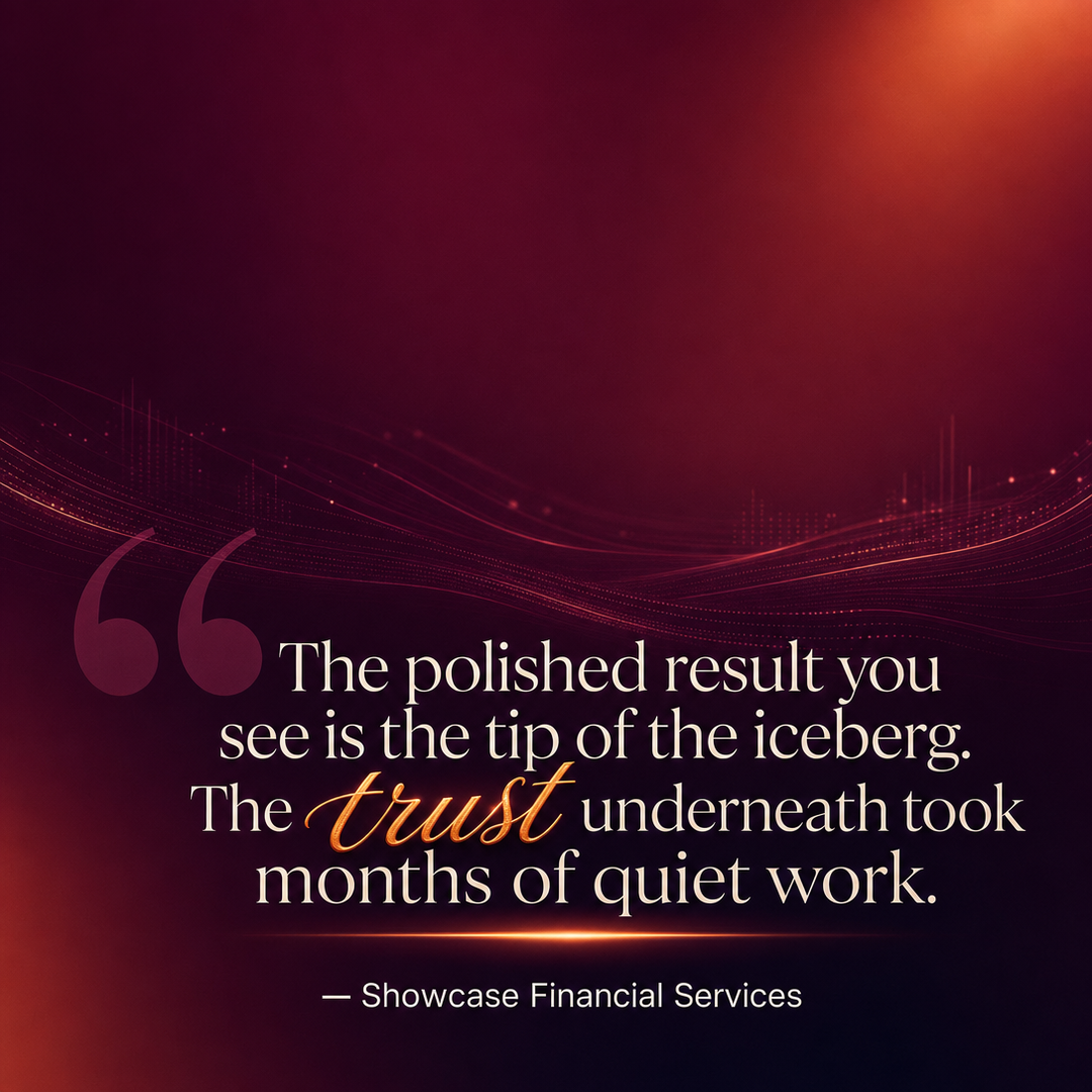 Financial Services social media post example generated with Draftovo — The polished result you see is the tip of the iceberg. The trust underneath took months of quiet work.