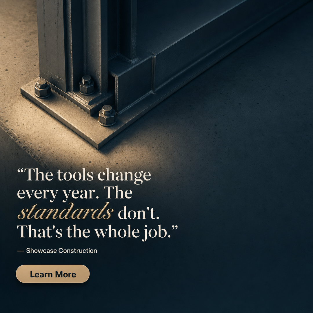 Construction social media post example generated with Draftovo — The tools change every year. The standards don't. That's the whole job.