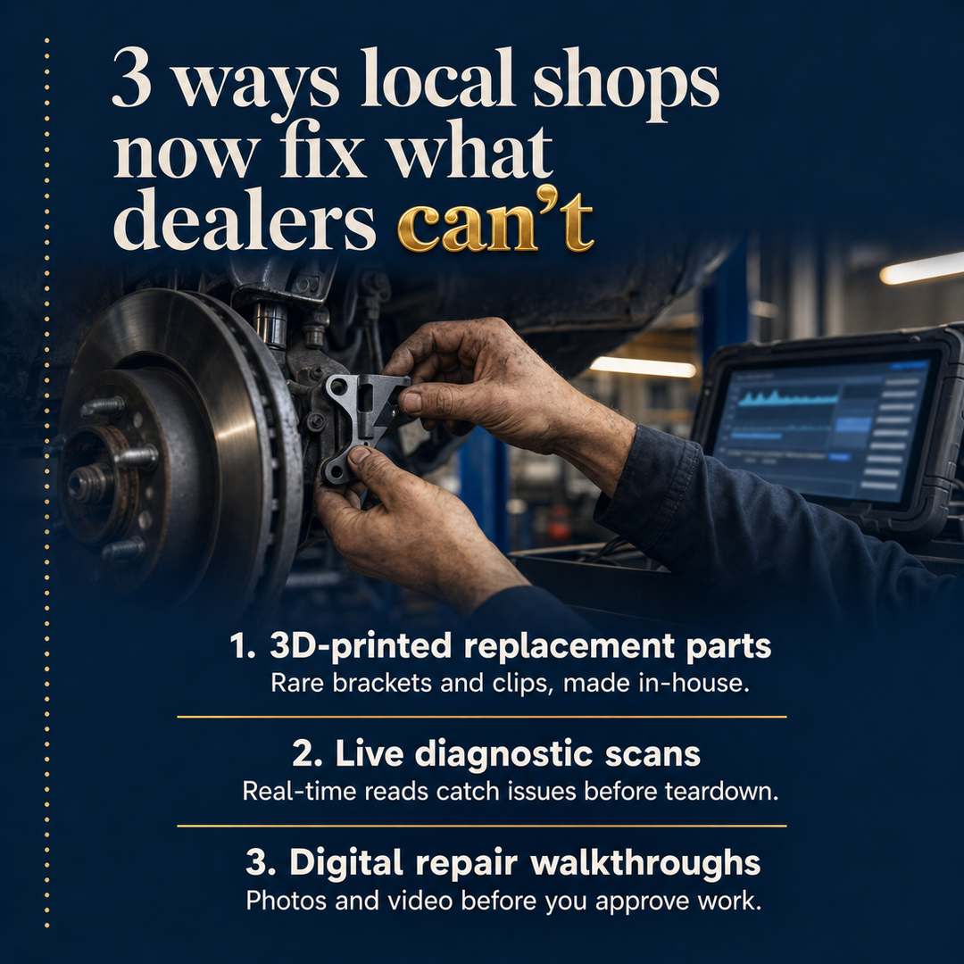 Automotive social media post example generated with Draftovo — 3 ways local shops now fix what dealers can't