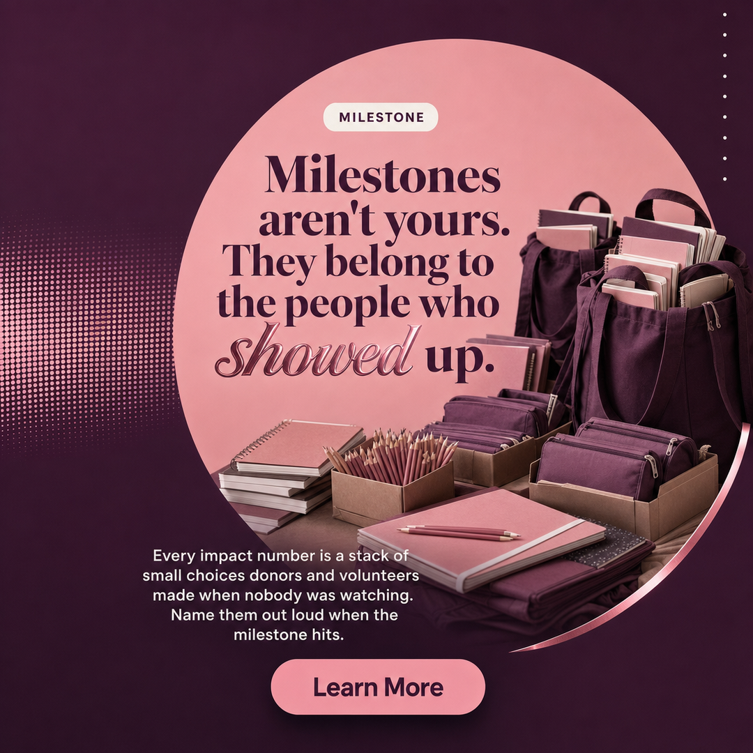 Non-Profit social media post example generated with Draftovo — Milestones aren't yours. They belong to the people who showed up.