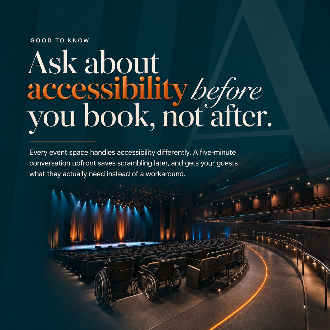 Entertainment social media post example generated with Draftovo — Ask about accessibility before you book, not after.