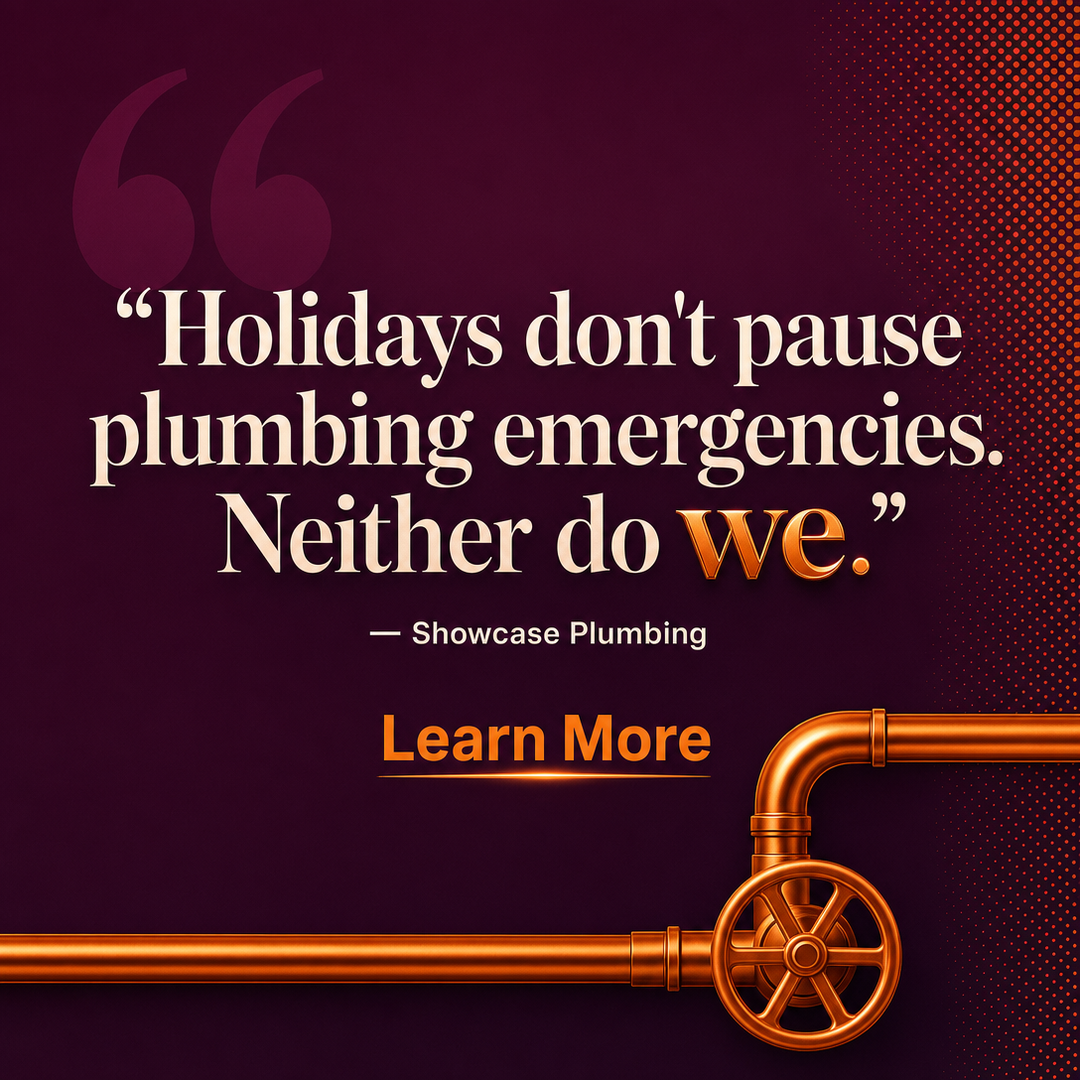 Plumbing social media post example generated with Draftovo — Holidays don't pause plumbing emergencies. Neither do we.
