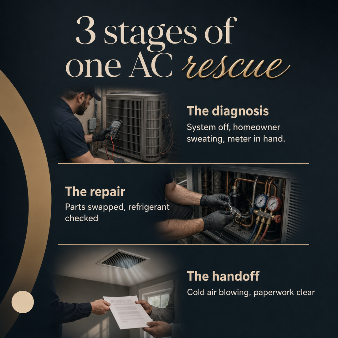 HVAC social media post example generated with Draftovo — 3 stages of one AC rescue
