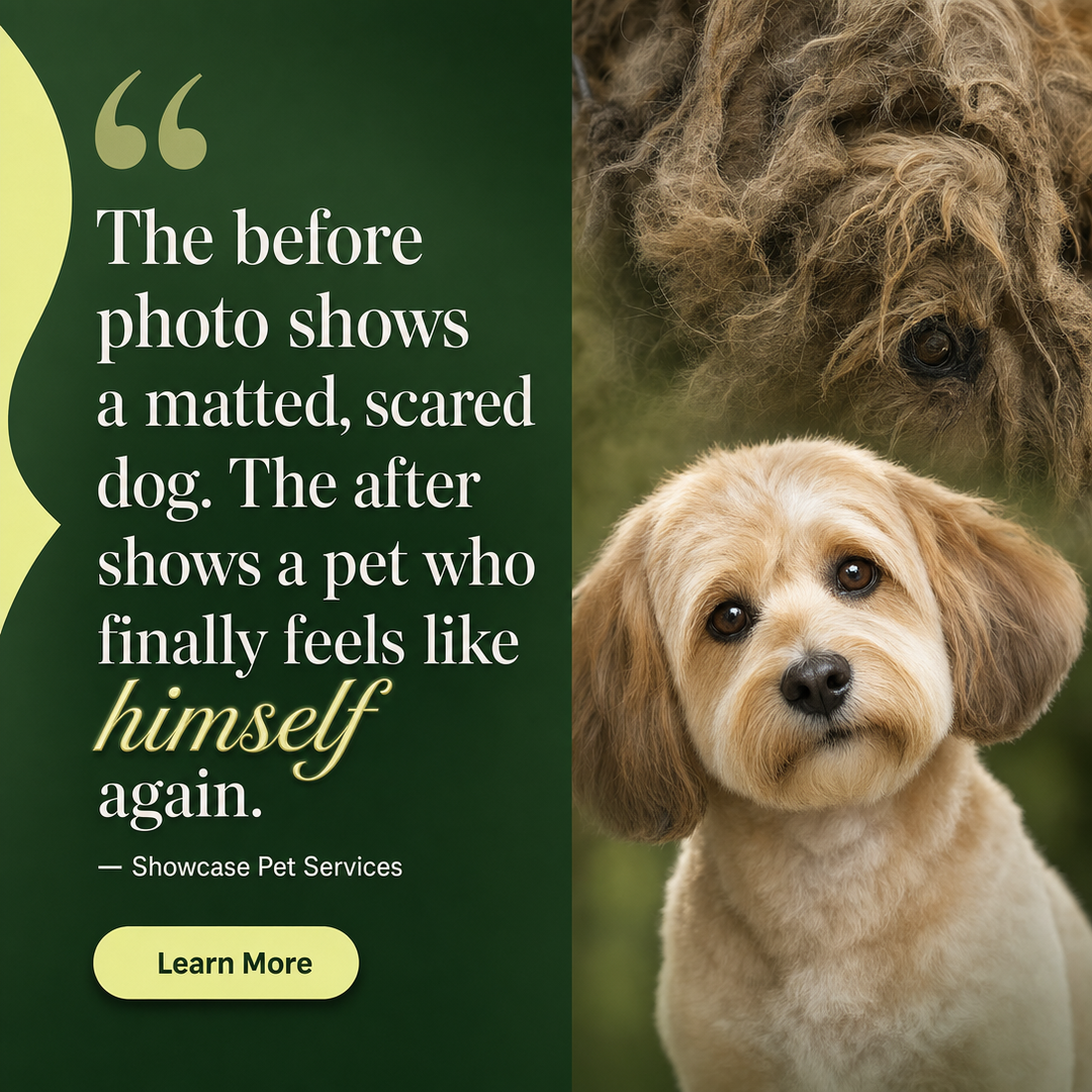 Pet Services social media post example generated with Draftovo — The before photo shows a matted, scared dog. The after shows a pet who finally feels like himself again.