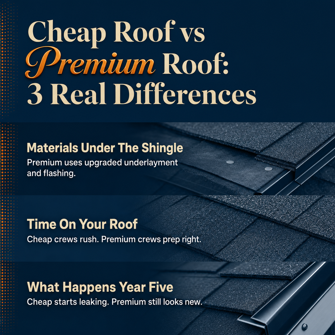 Roofing social media post example generated with Draftovo — Cheap Roof vs Premium Roof: 3 Real Differences