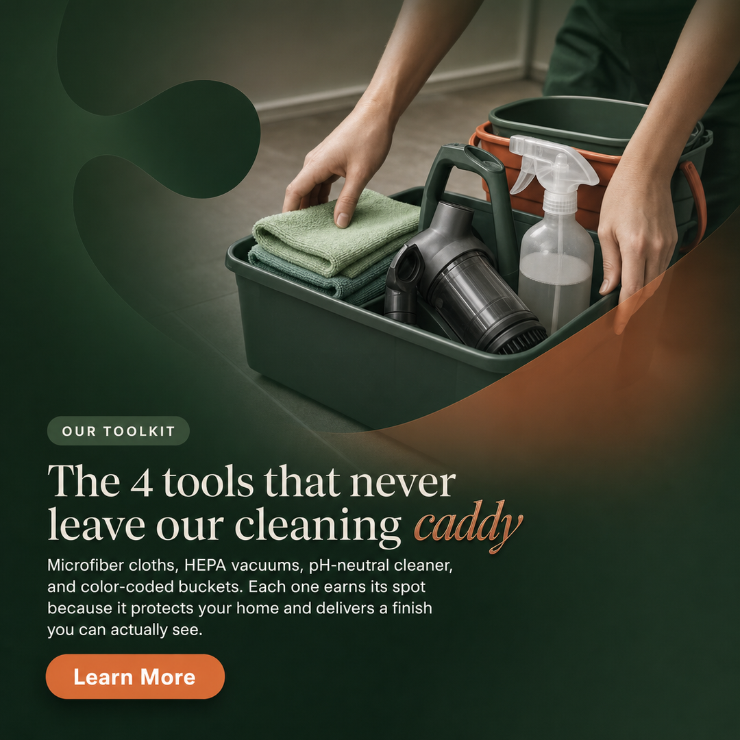 Cleaning Services social media post example generated with Draftovo — The 4 tools that never leave our cleaning caddy