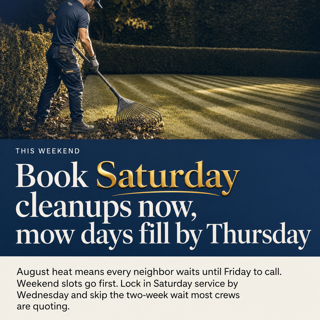 Landscaping / Lawn Care social media post example generated with Draftovo — Book Saturday cleanups now, mow days fill by Thursday