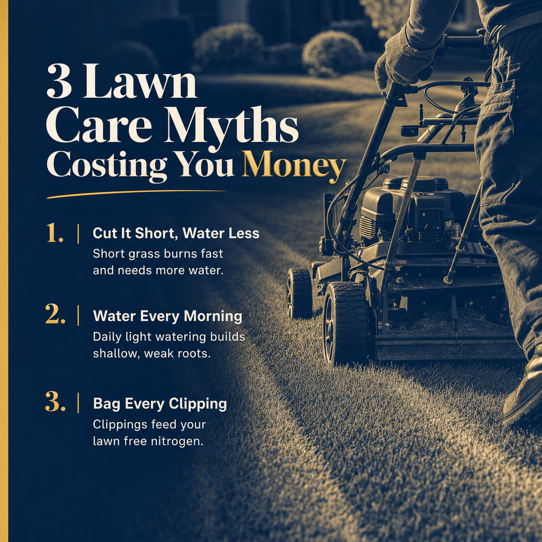 Landscaping / Lawn Care social media post example generated with Draftovo — 3 Lawn Care Myths Costing You Money