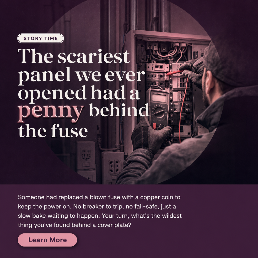 Electricians social media post example generated with Draftovo — The scariest panel we ever opened had a penny behind the fuse