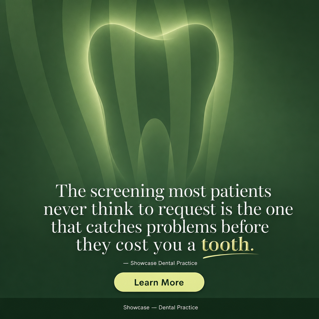 Dental Practice social media post example generated with Draftovo — The screening most patients never think to request is the one that catches problems before they cost you a tooth.