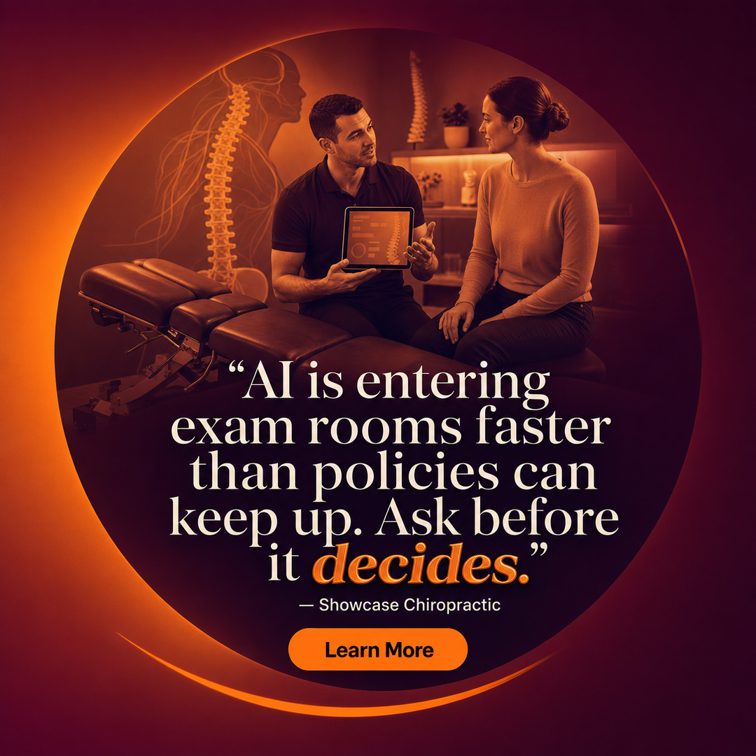 Chiropractic social media post example generated with Draftovo — AI is entering exam rooms faster than policies can keep up. Ask before it decides.