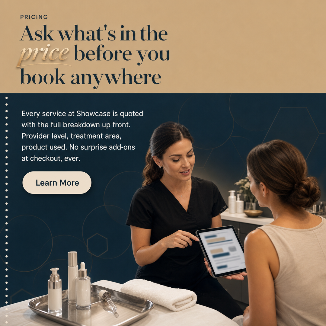 Med Spa / Aesthetics social media post example generated with Draftovo — Ask what's in the price before you book anywhere