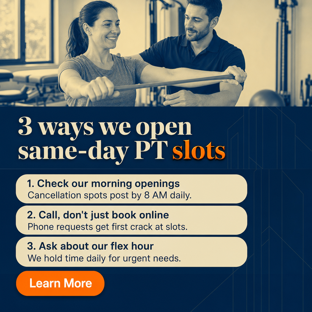 Physical Therapy social media post example generated with Draftovo — 3 ways we open same-day PT slots