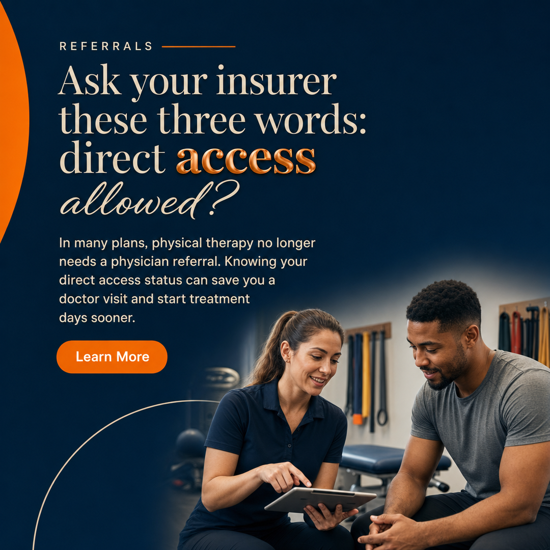 Physical Therapy social media post example generated with Draftovo — Ask your insurer these three words: direct access allowed?