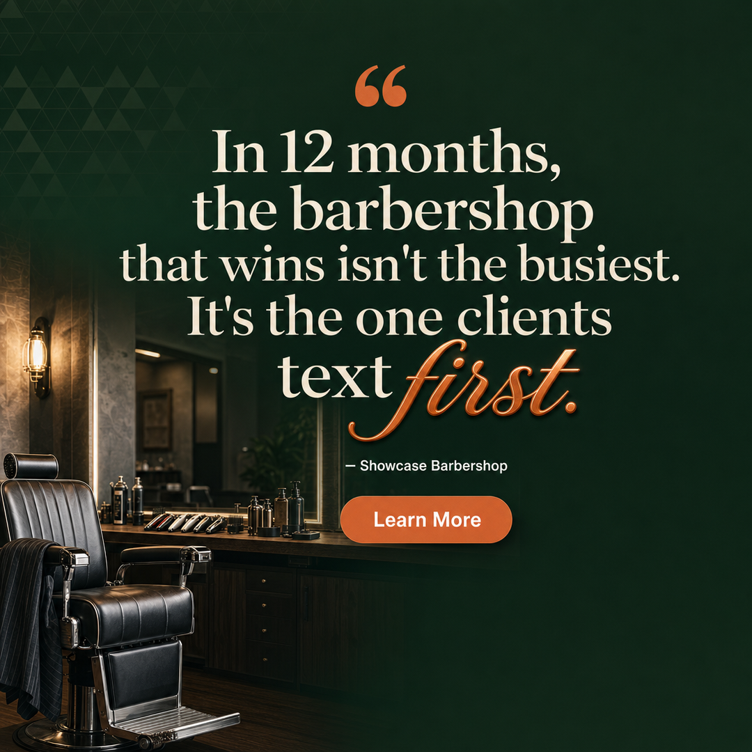 Barbershop social media post example generated with Draftovo — In 12 months, the barbershop that wins isn't the busiest. It's the one clients text first.