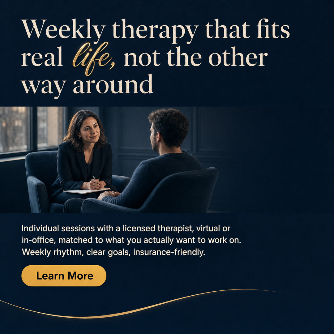 Mental Health / Therapy social media post example generated with Draftovo — Weekly therapy that fits real life, not the other way around