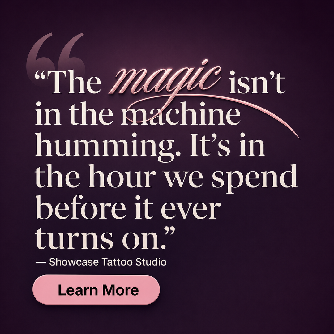 Tattoo Studio social media post example generated with Draftovo — The magic isn't in the machine humming. It's in the hour we spend before it ever turns on.