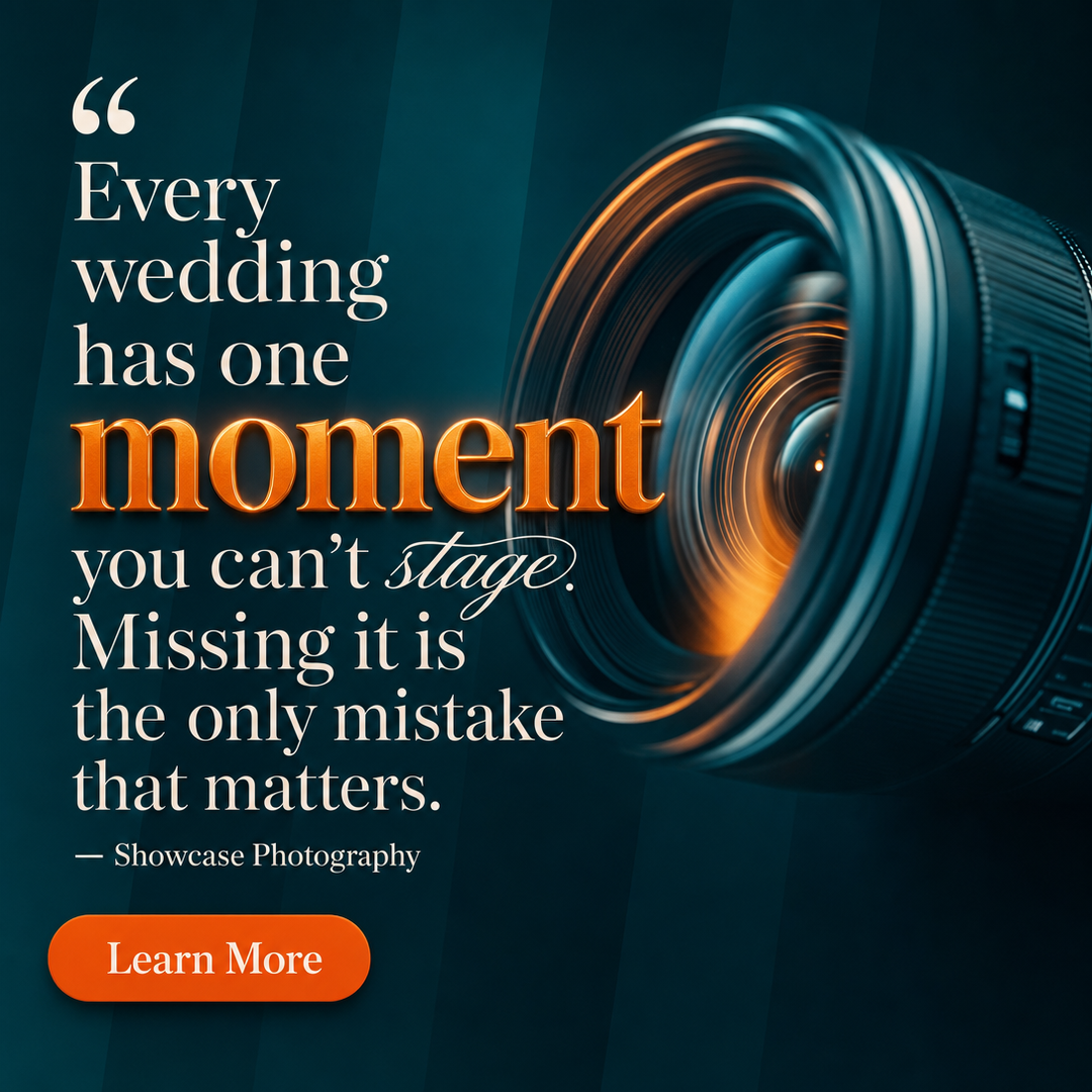 Photography social media post example generated with Draftovo — Every wedding has one moment you can't stage. Missing it is the only mistake that matters.
