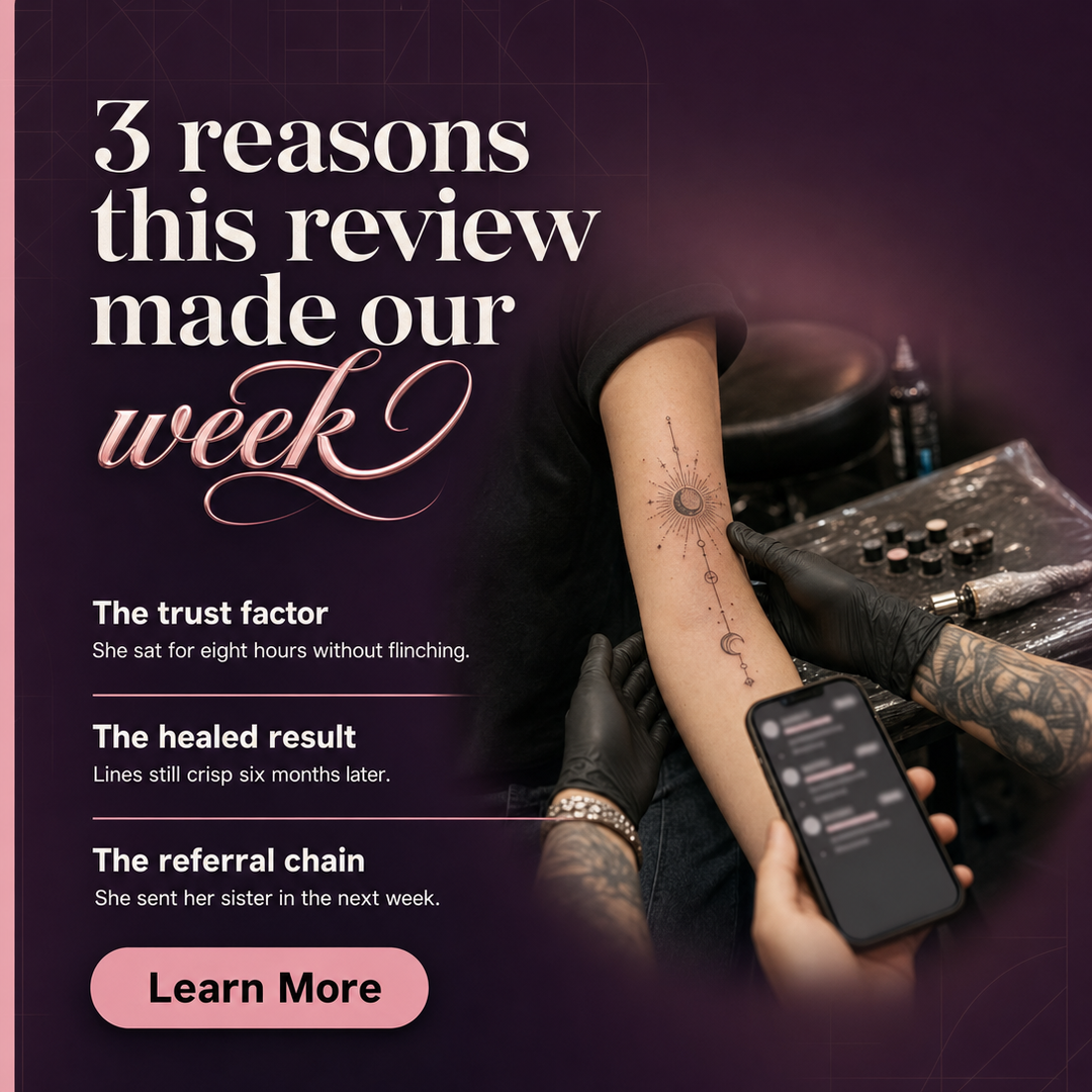 Tattoo Studio social media post example generated with Draftovo — 3 reasons this review made our week