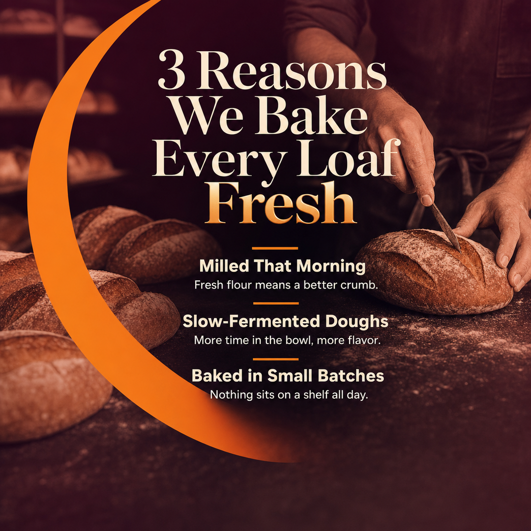 Bakery social media post example generated with Draftovo — 3 Reasons We Bake Every Loaf Fresh