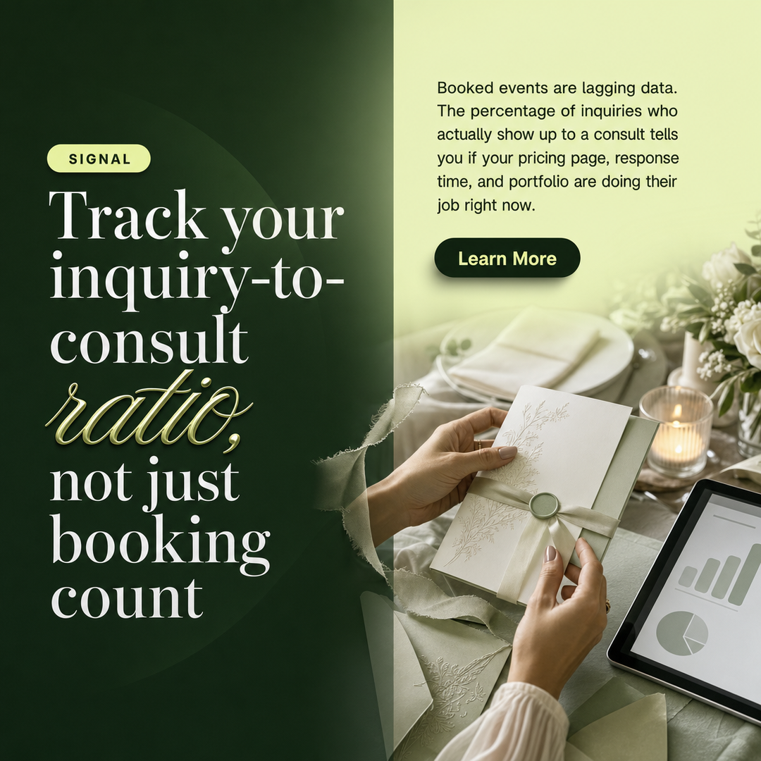 Wedding / Events social media post example generated with Draftovo — Track your inquiry-to-consult ratio, not just booking count