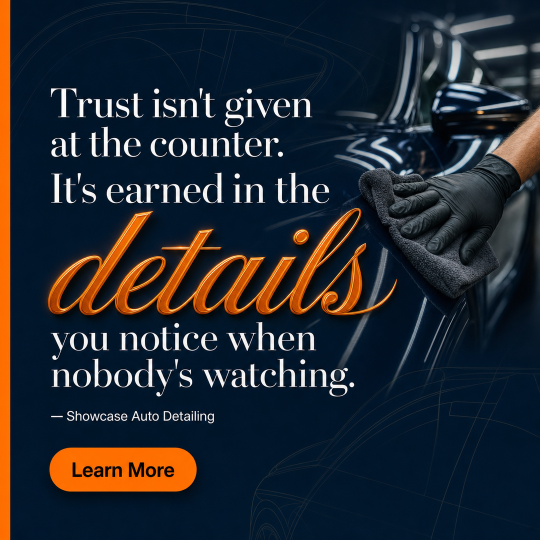 Auto Detailing social media post example generated with Draftovo — Trust isn't given at the counter. It's earned in the details you notice when nobody's watching.