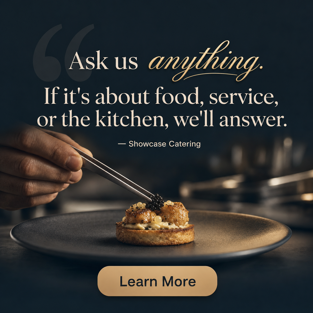 Catering social media post example generated with Draftovo — Ask us anything. If it's about food, service, or the kitchen, we'll answer.