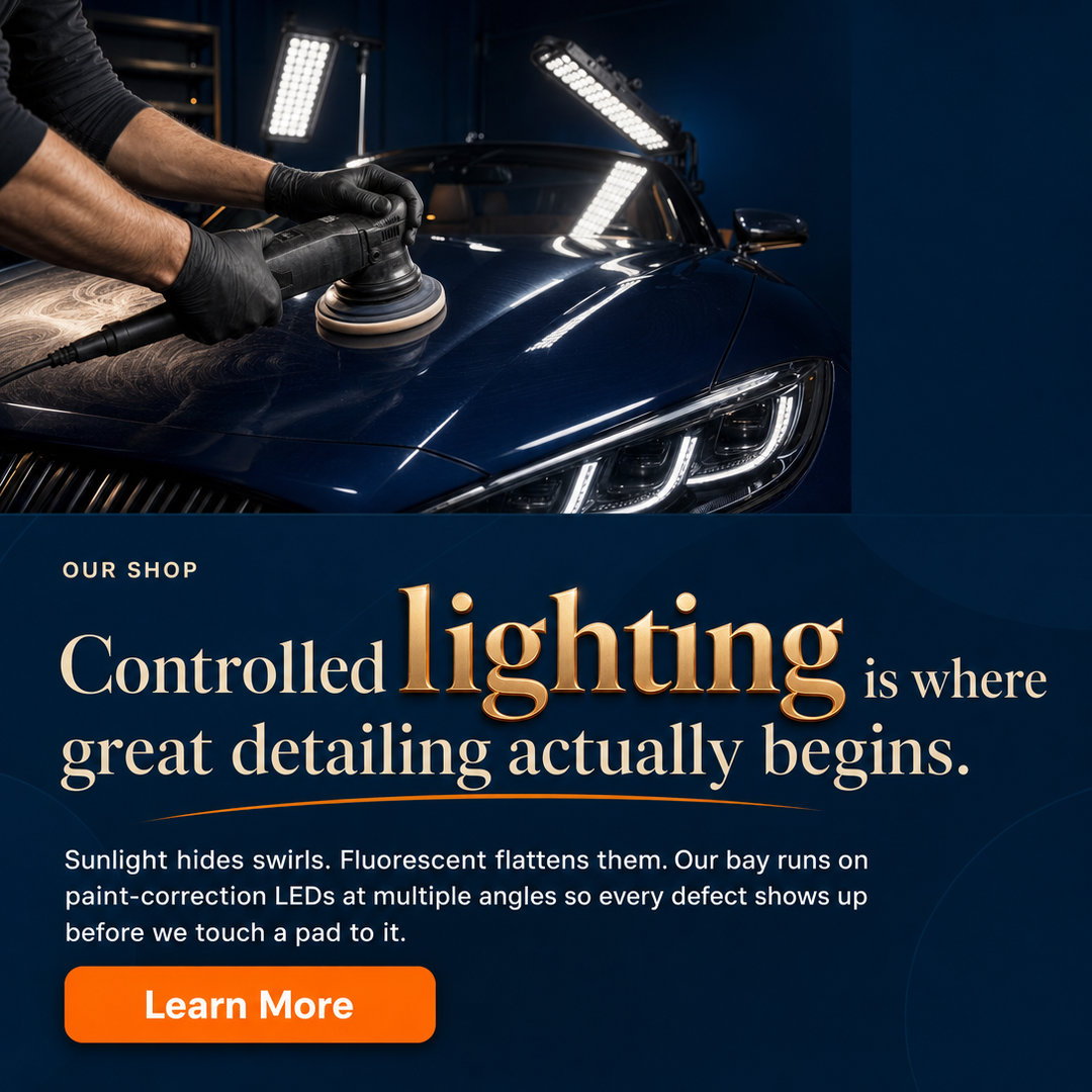 Auto Detailing social media post example generated with Draftovo — Controlled lighting is where great detailing actually begins.
