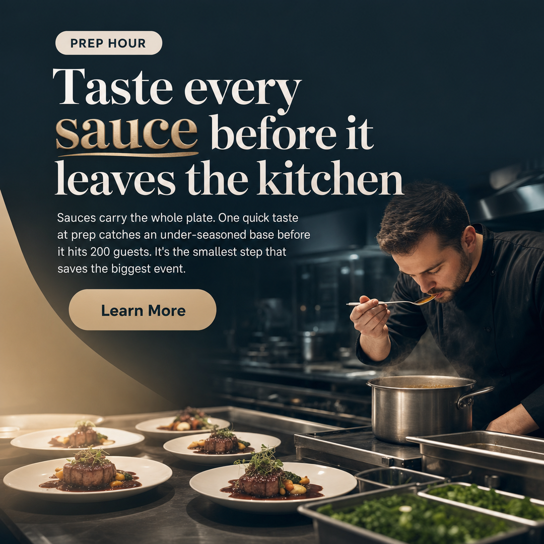 Catering social media post example generated with Draftovo — Taste every sauce before it leaves the kitchen