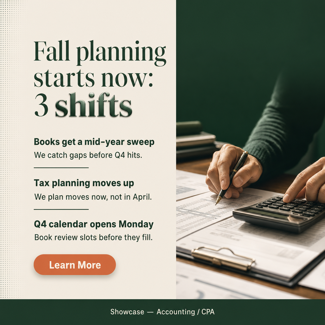 Accounting / CPA social media post example generated with Draftovo — Fall planning starts now: 3 shifts