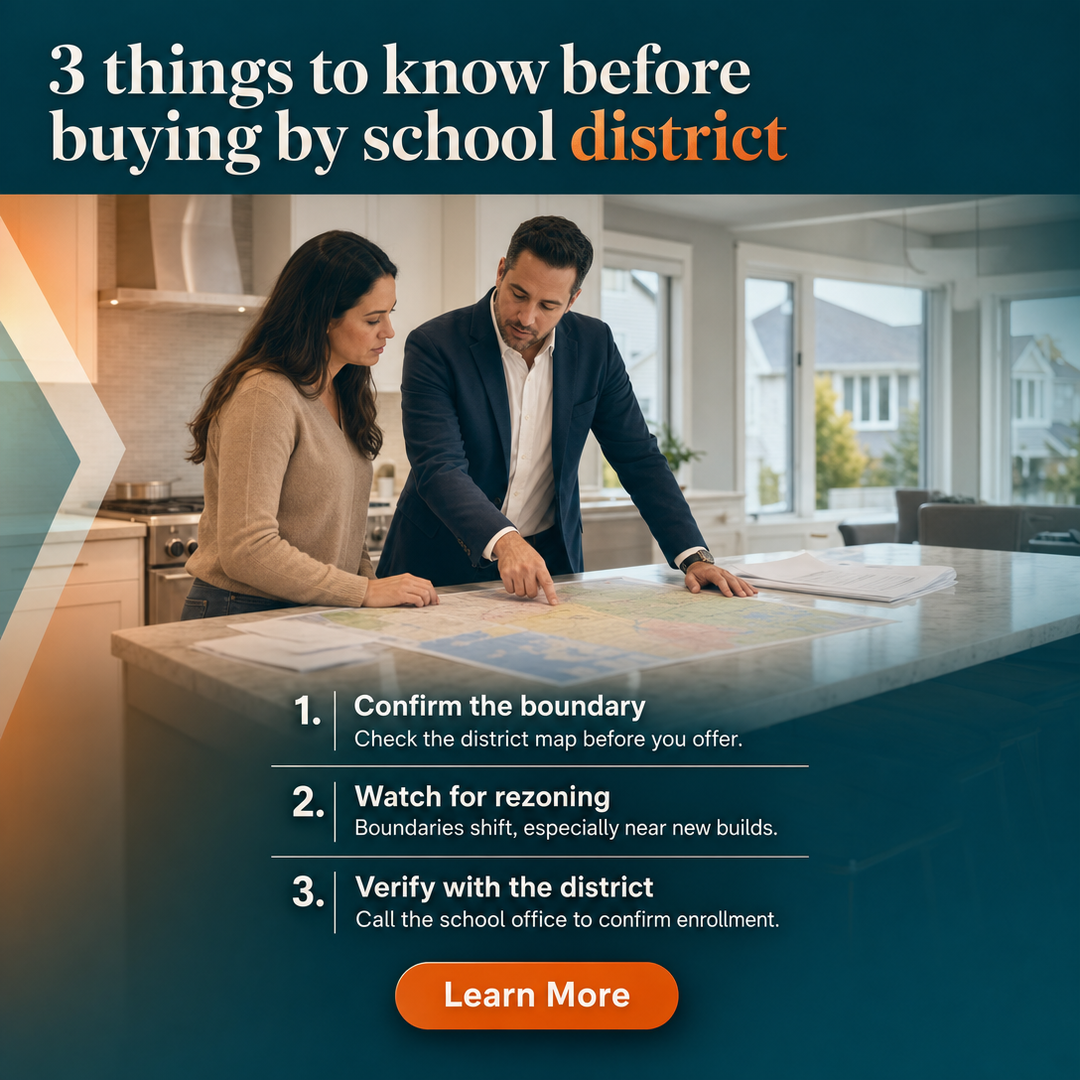 Property Management social media post example generated with Draftovo — 3 things to know before buying by school district