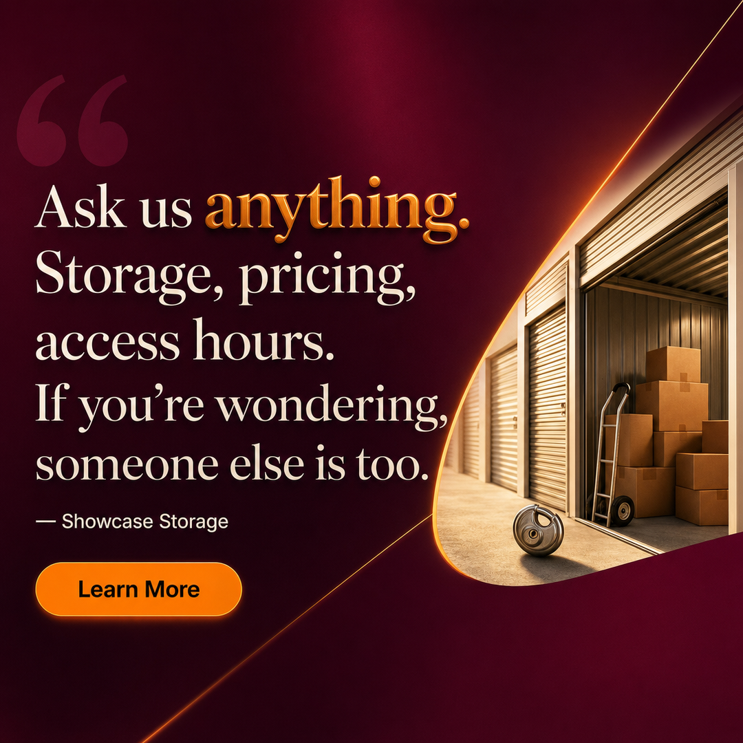 Storage Facility social media post example generated with Draftovo — Ask us anything. Storage, pricing, access hours. If you're wondering, someone else is too.