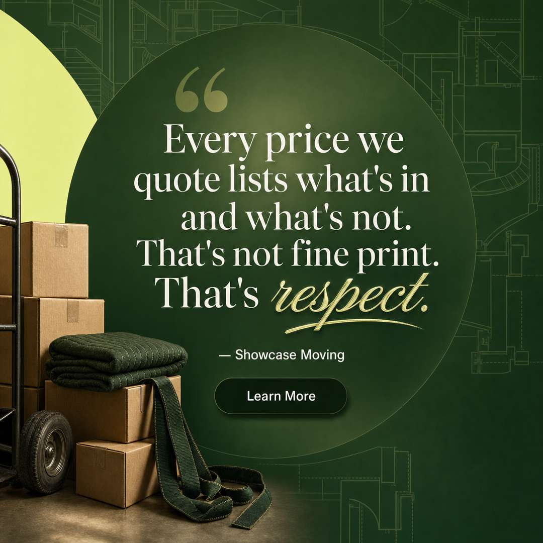 Moving Company social media post example generated with Draftovo — Every price we quote lists what's in and what's not. That's not fine print. That's respect.