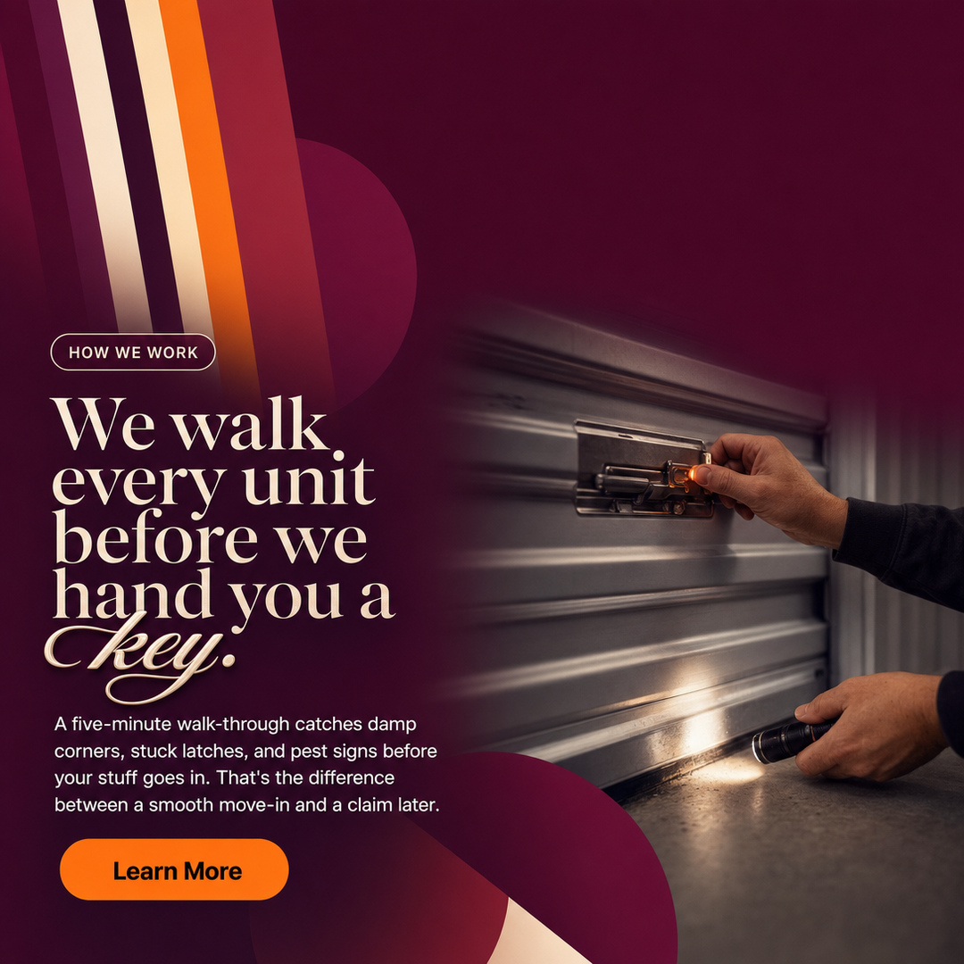 Storage Facility social media post example generated with Draftovo — We walk every unit before we hand you a key.