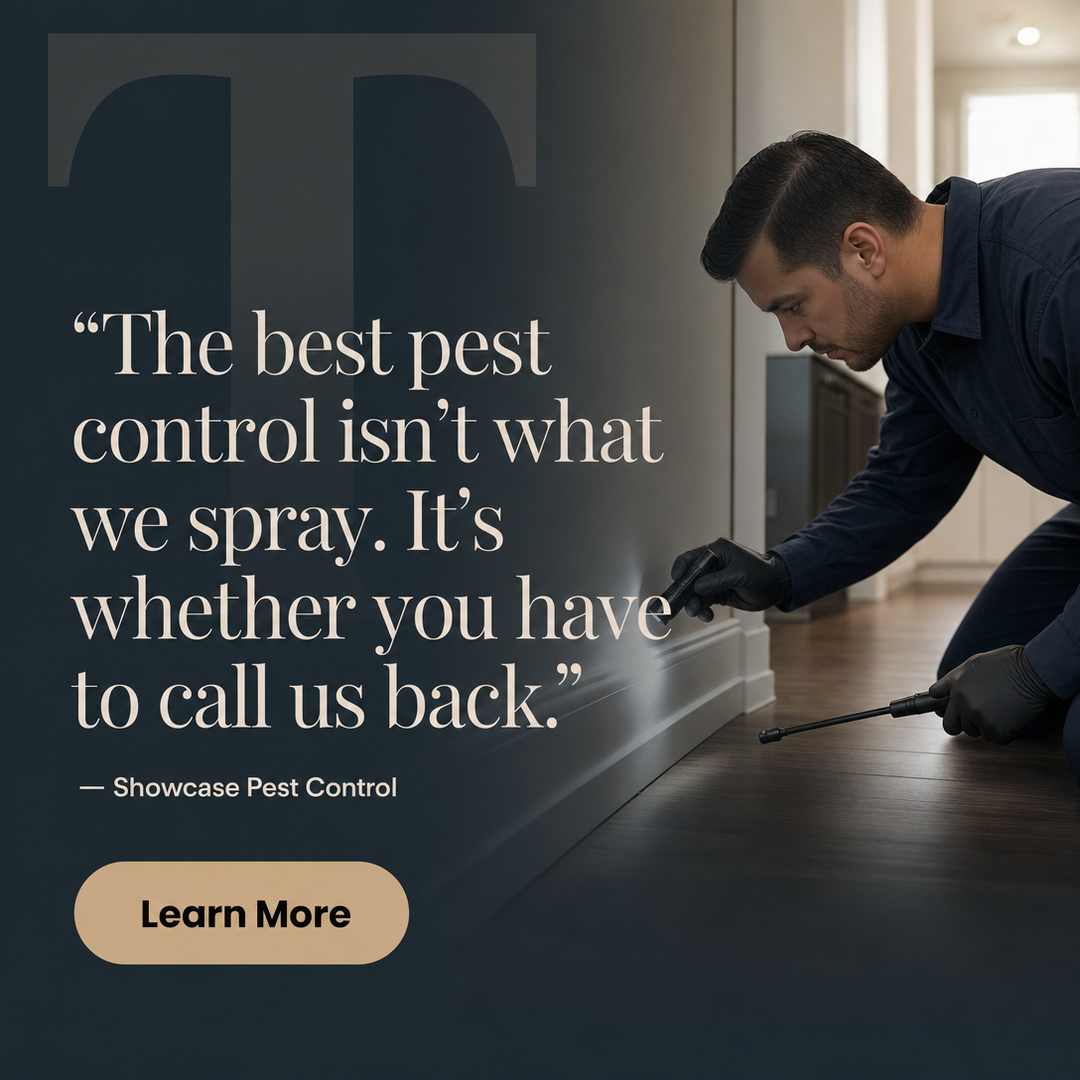 Pest Control social media post example generated with Draftovo — The best pest control isn't what we spray. It's whether you have to call us back.