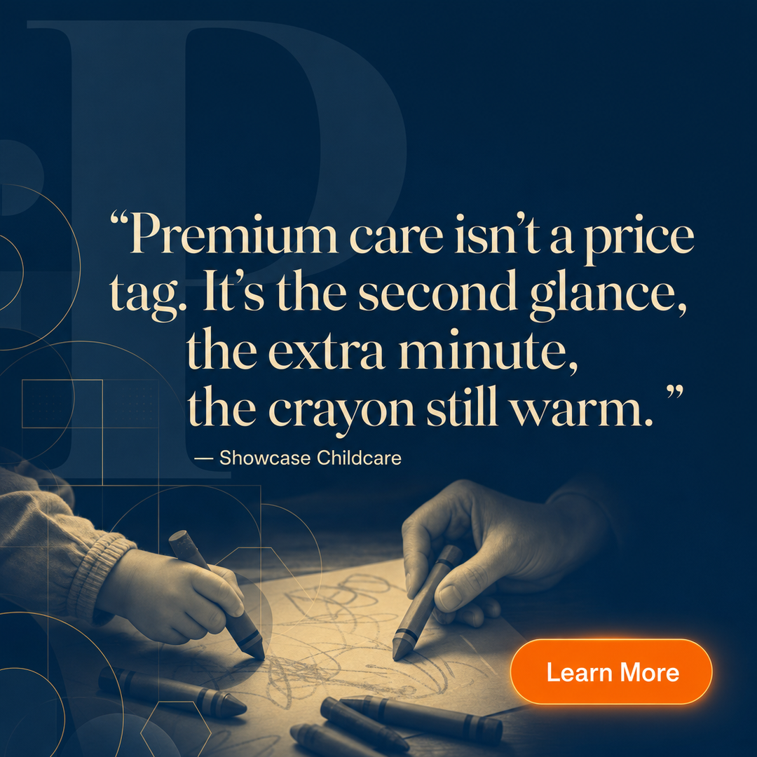 Childcare / Daycare social media post example generated with Draftovo — Premium care isn't a price tag. It's the second glance, the extra minute, the crayon still warm.
