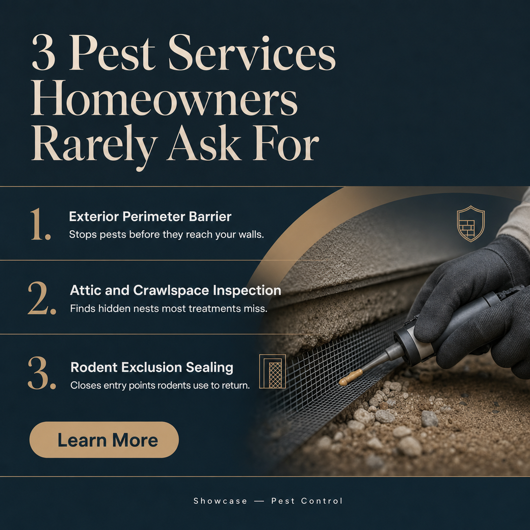 Pest Control social media post example generated with Draftovo — 3 Pest Services Homeowners Rarely Ask For