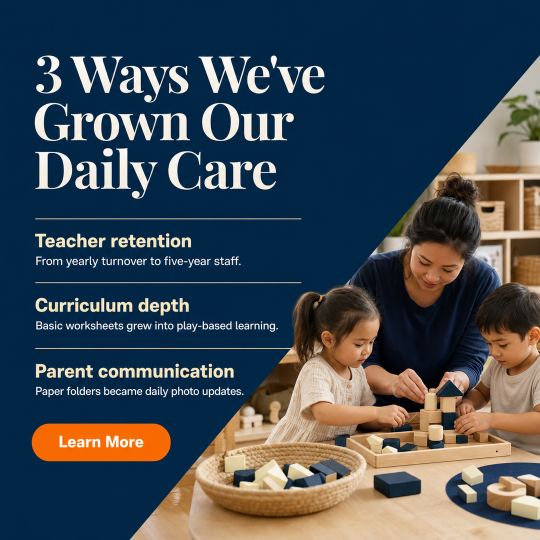 Childcare / Daycare social media post example generated with Draftovo — 3 Ways We've Grown Our Daily Care